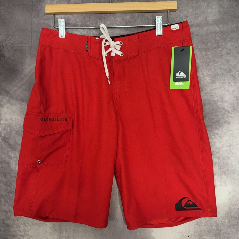 NWT Quiksilver Shorts Mens 30 Red Boardshorts Swim Trunks Outseam‎ Lace Up Cargo